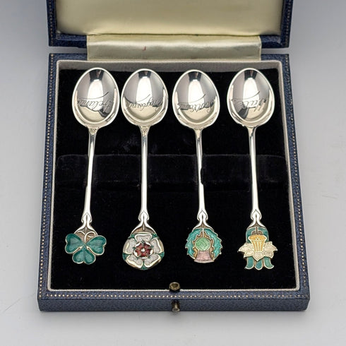 1967 British Vintage Enamel Decorated Sterling Silver Coffee Spoons x 4, Total 48g, Turner & Simpson, Case Included